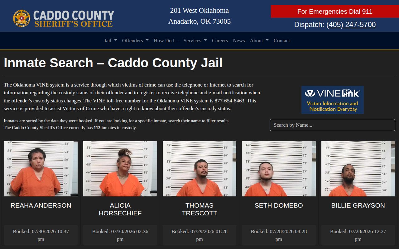 Caddo County Jail current custody and release-transfer lookup